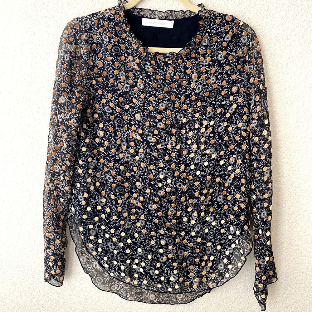 See by Chloe Womens Silk Blend Blouse Top Size 38 Floral Polkadot - Picture 1 of 10